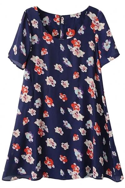 Oasap Demure Navy Floral Mini A Line Dress