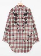 Oasap Long Sleeve Floral Embroidery Button Down Plaid Shirt