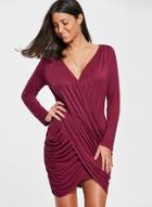 Oasap V Neck Long Sleeve Solid Color Mini Dress