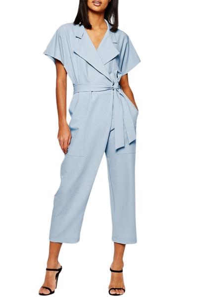 Oasap Women's Fashion Wrap Front Short Sleeve Jumpsuit With Tie Waist