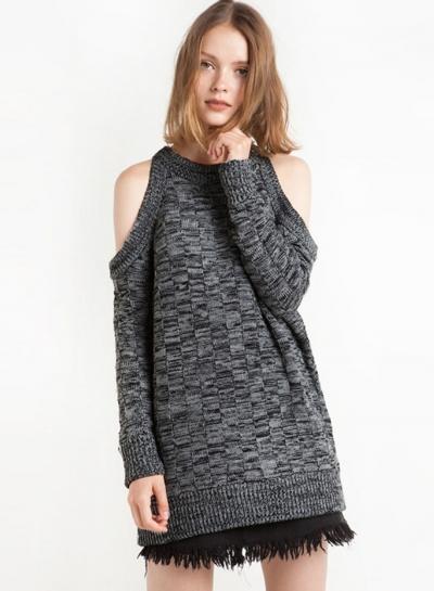 Oasap Round Neck Off Shoulder Long Sleeve Pullover Sweater