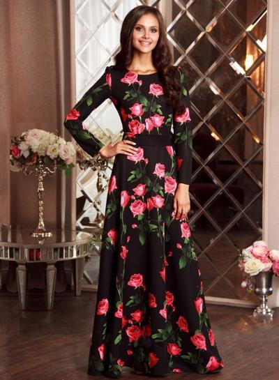 Oasap Round Neck Long Sleeve Rose Print Slim Maxi Dress