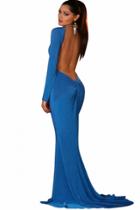 Oasap Sexy Backless Long Sleeves Mermaid Blue Evening Gown