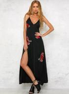 Oasap Floral Embroidery Spaghetti Strap High Split Maxi Dress