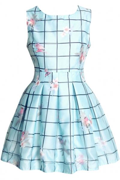 Oasap Windowpane Print Sleeveless Skater Dress