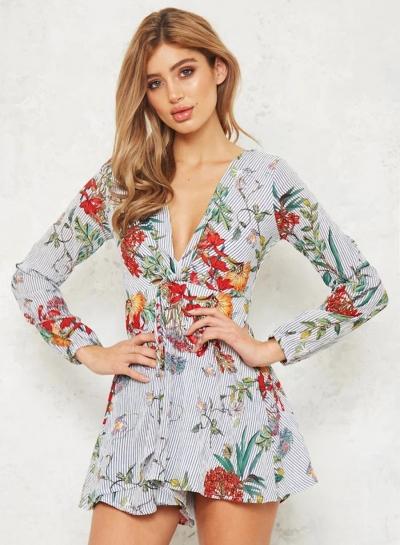 Oasap V Neck Floral Print Long Sleeve Striped Romper