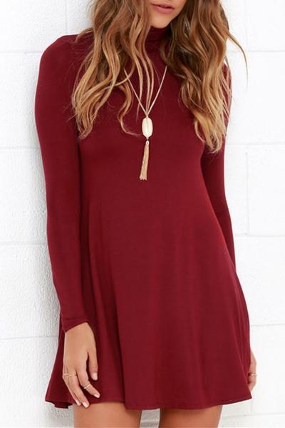 Oasap Solid Color Turtleneck Stretch Knit Trapeze Dress