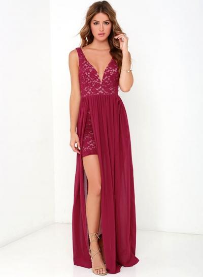 Oasap Elegant V Neck Sleeveless High Slit Lace Chiffon Dress