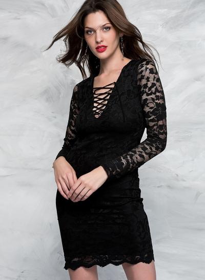 Oasap Long Sleeve V Neck Lace Midi Dresses