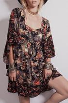 Oasap Vintage Floral Print Lace-up Waist Flouncing Sleeve Dress