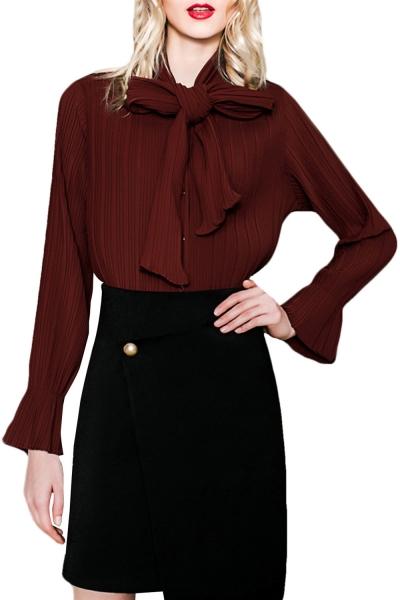 Oasap Women Vintage Pleated Flare Sleeve Button Down Tie Blouse