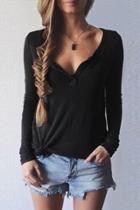 Oasap Solid Color V Neck Long Sleeve Tee