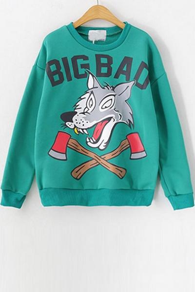 Oasap Cartoon Wolf Fleece Sweatshirt