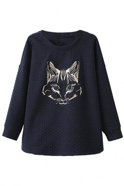 Oasap Fancy Cat High-low Textured Sweatshirt