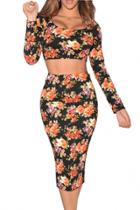 Oasap Black Multicolored Floral Skirt Set