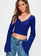 Oasap Striped V Neck Flare Sleeve Cropped Tee