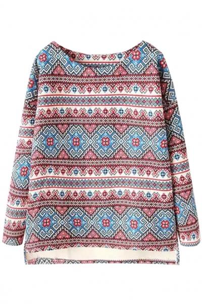 Oasap Vintage Tribal Print High-low Quilting Sweatshirt