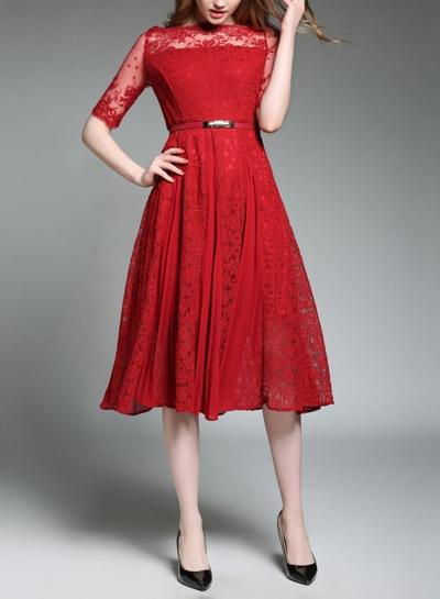 Oasap Half Sleeve High Waist Lace Dress With Belt