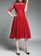 Oasap Half Sleeve High Waist Lace Dress With Belt