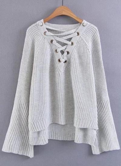 Oasap V Neck Flare Sleeve Lace Up Sweater