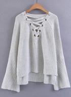 Oasap V Neck Flare Sleeve Lace Up Sweater