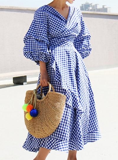 Oasap V Neck Lantern Sleeve Plaid Miid Irregular Dress