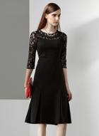 Oasap Lace Panel Hollow Out Half Sleeve A-line Midi Dress