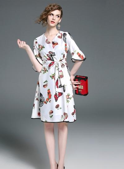 Oasap V Neck Flounce Sleeve Print Dress
