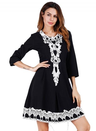 Oasap Round Neck 3/4 Sleeve Lace Panel High Waist Dress