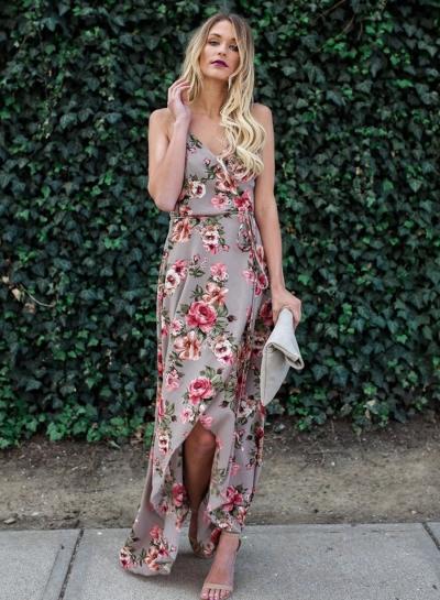 Oasap Spaghetti Strap V Neck Sleeveless Floral Print High Slit Maxi Dress