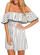 Oasap Women's Off-shoulder Ruffle Front Elastic Waist Vertical Stripe Dress