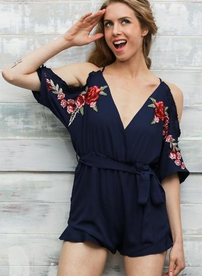Oasap V Neck Floral Embroidery Jmupsuit