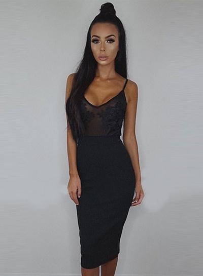 Oasap Spaghetti Strap Sheer Floral Lace Bodycon Dress