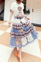 Oasap Long Chic Contrast Check And Floral Panel Skirt