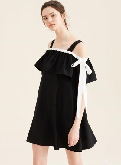 Oasap Slash Neck Flounce Hem Solid Dresses