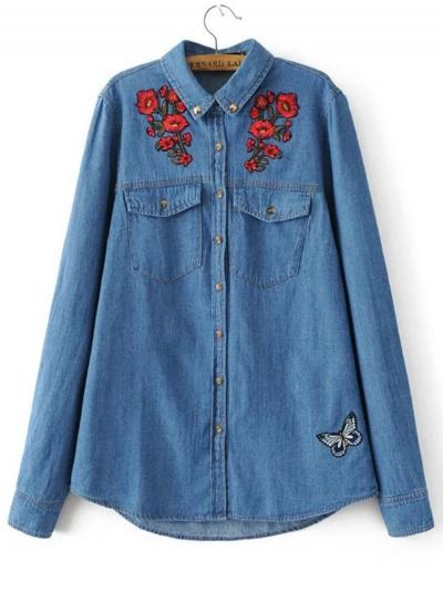 Oasap Butterfly And Flower Embroidery Denim Shirt