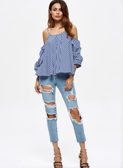 Oasap Spaghetti Strap Loose Striped Ruffle Blouse