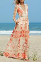 Oasap Bohemia Print Deep V Lace-paneled Maxi Chiffon Dress