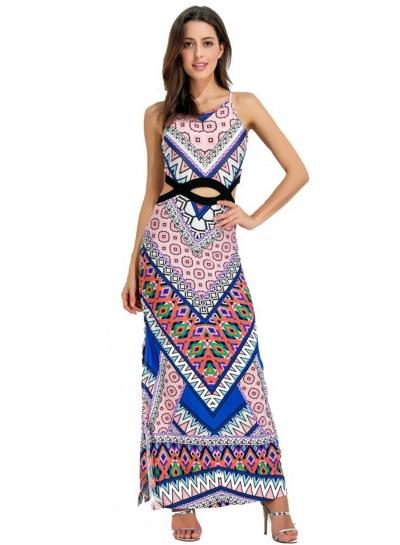 Oasap Boho Sleeveless Printed Side Split Bodycon Maxi Dress