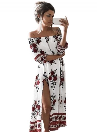 Oasap Off Shoulder Floral Printed High Slit Maxi Dress