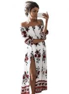 Oasap Off Shoulder Floral Printed High Slit Maxi Dress