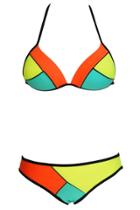 Oasap Light Green Color Blocks Halter Bikini Swimsuit
