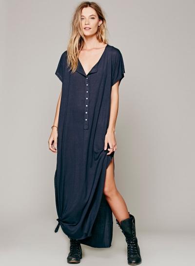 Oasap Short Sleeve Side High Slit Maxi Loose Solid Dress