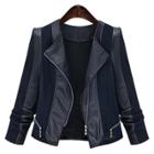 Oasap Pu Leather Long Sleeve Knit Panel Jacket