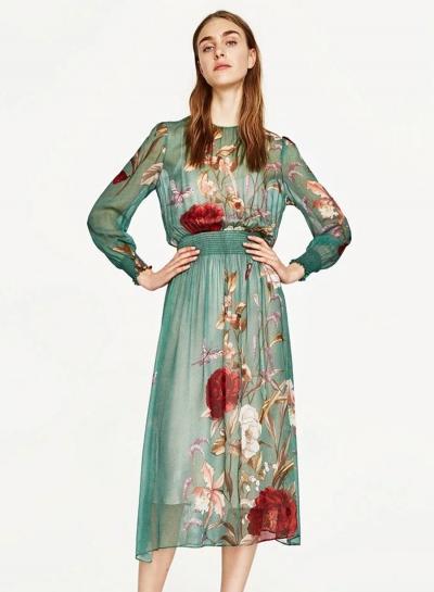 Oasap Long Sleeve Floral Printed Elastic Waist Midi Dress With Linling