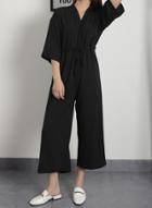 Oasap V Neck 3/4 Sleeve Loose Wide Leg Solid Jumpsuit