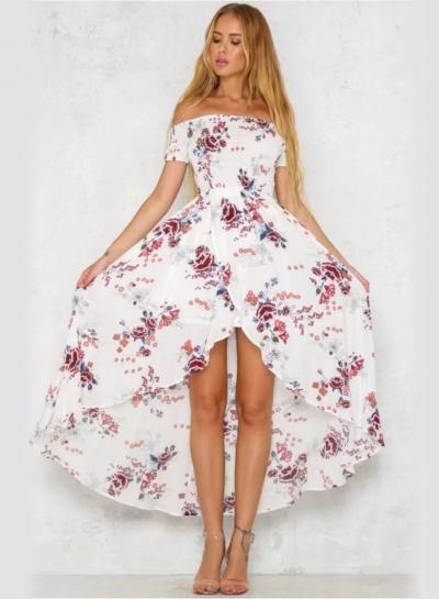 Oasap Boho Off Shoulder Short Sleeve Floral High Low Maxi Dress