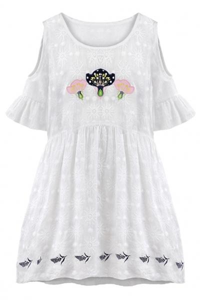 Oasap Sweet Cutout Shoulder Solid Pleated White Mini Dress