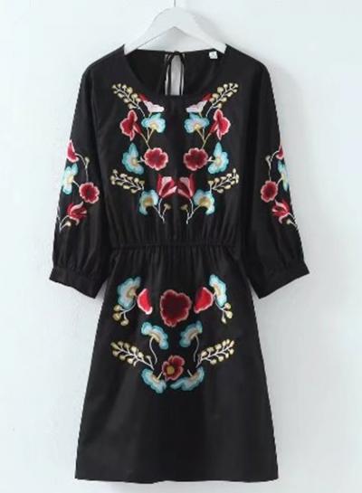Oasap Round Neck Neck Long Sleeve Collect Waist Floral Embroidery Dress