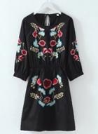 Oasap Round Neck Neck Long Sleeve Collect Waist Floral Embroidery Dress